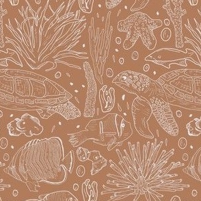 Hand Drawn Ocean Turtles, Fish And Coral White On Salmon Pink Small