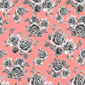 Victorian Watercolor Roses Grey on Pink Small