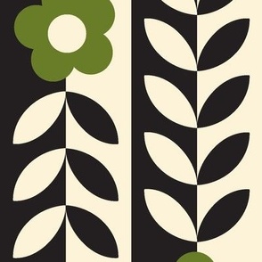 Vines (Maxi Black & Cream with Olive Green) || flower & leaf stripes