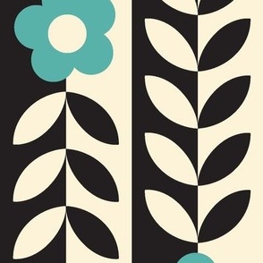 Vines (Maxi Black & Cream with Turquoise) || flower & leaf stripes