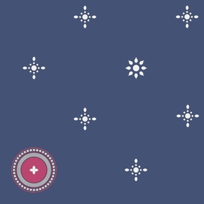 Raspberry Roundel and Starflakes on Slate Blue