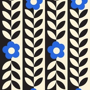 Vines (Midi Black & Cream with Blue) || flower & leaf stripes