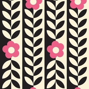 Vines (Midi Black & Cream with Bright Pink) || flower & leaf stripes