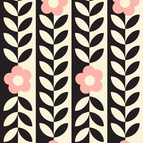 Vines (Midi Black & Cream with Coral) || flower & leaf stripes