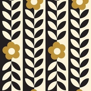 Vines (Midi Black & Cream with Gold) || flower & leaf stripes