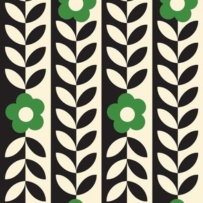 Vines (Midi Black & Cream with Green) || flower & leaf stripes