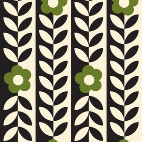 Vines (Midi Black & Cream with Olive Green) || flower & leaf stripes