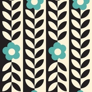 Vines (Midi Black & Cream with Turquoise) || flower & leaf stripes