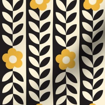 Vines (Midi Black & Cream with Yellow Gold) || flower & leaf stripes