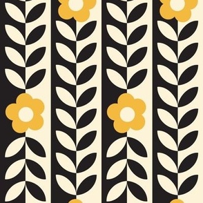 Vines (Midi Black & Cream with Yellow Gold) || flower & leaf stripes