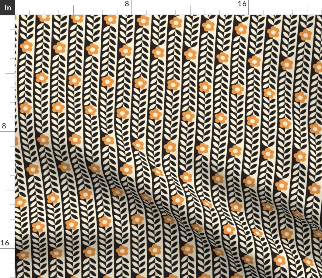 Vines (Mini Black & Cream with Orange) || flower & leaf stripes