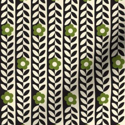 Vines (Mini Black & Cream with Olive Green) || flower & leaf stripes