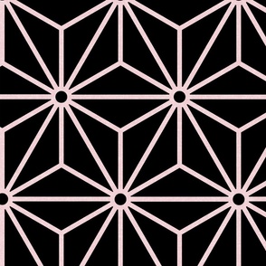 Geometric Stars- Japanese Hemp Leaves- Asanoha- Petal Solids- Cotton Candy Pink on Black Block Print Texture- Pastel Pink Stars Wallpaper- Large