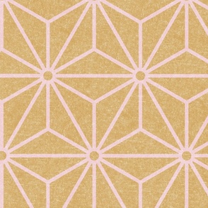 Geometric Stars- Japanese Hemp Leaves- Asanoha- Petal Solids- Cotton Candy Pink on Honey Mustard Block Print Texture- Pastel Pink Stars on Gold Wallpaper- Large