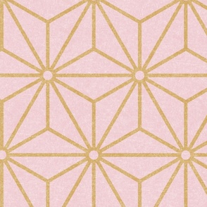 Geometric Stars- Japanese Hemp Leaves- Asanoha- Petal Solids- Honey on Cotton Candy Pink Block Print Texture- Gold Stars on Pastel Pink Wallpaper- Large