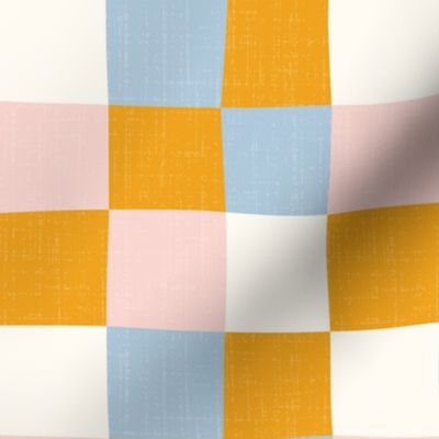 Checks | Mustard, blue, pink, white | Linen texture | Small scale ©designsbyroochita