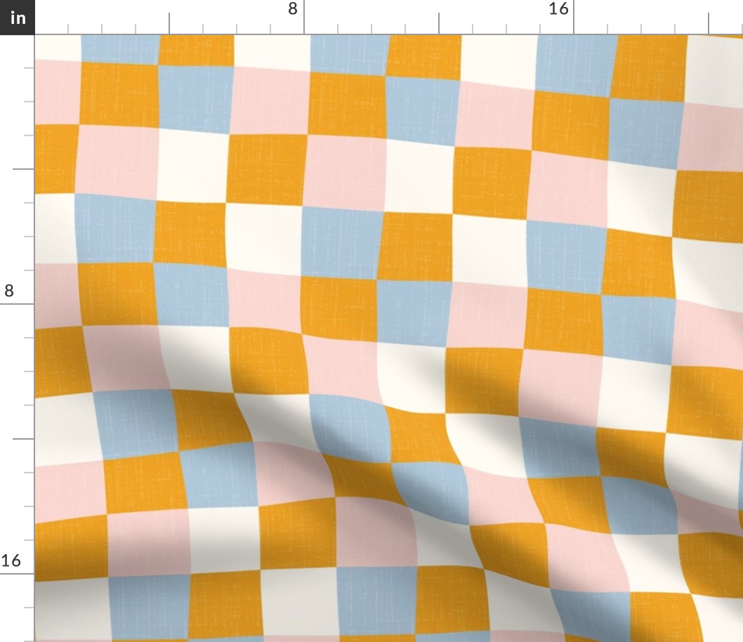 Checks | Mustard, blue, pink, white | Linen texture | Small scale ©designsbyroochita