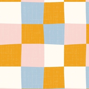 Checks | Mustard, blue, pink, white | Linen texture | Regular scale ©designsbyroochita