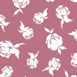 Hand painted White Peonies on Muted Magenta Scattered Pattern
