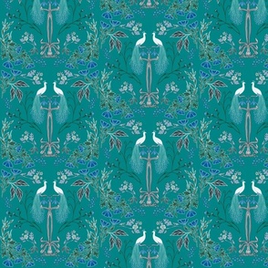 Art Nouveau Maximalist Peacocks with Floral Botanicals in Teal, Green, Blue // Large // Symmetrical