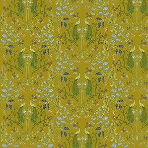 Art Nouveau Maximalist Peacocks with Floral Botanicals in Mustard, Pink, Blue // Large // Symmetrical