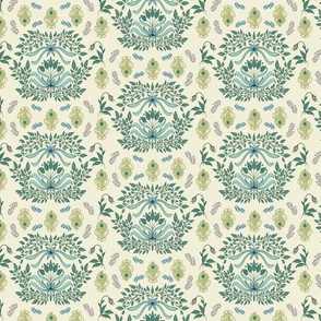 Peacock Feather Damask - Art Nouveau Hand Drawn, Vintage Inspired Florals and Botanicals in Cream, Green, Gold // Large Scale