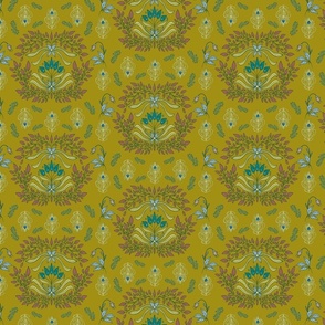 Peacock Feather Damask, Vintage Inspired Art Nouveau Florals and Botanicals in Mustard, Teal, Pink // Large Scale