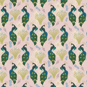 Art Nouveau Peacocks with Florals and Botanicals - Vintage Inspired Hand Drawn  in Pink, Green, Gold, Teal