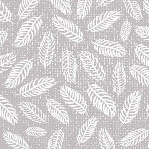 Tropical Wispy  Leaves Scattered on Woven Texture  Gray & White