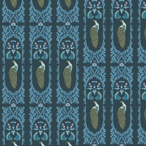 Peacock and Feather Symmetrical Hand Drawn Art Nouveau - Navy, Blue, Teal, Gold // Large Scale