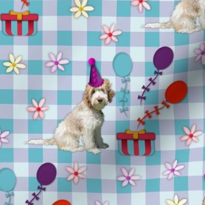 Puppy Dog Party Celebration Fabric, Colorful Birthday Balloons, Kids Birthday Party Present Gift Bag