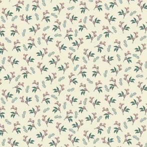 Cottage Core Inspired Floral and Botanical - Hand Drawn Vintage Inspired Scatter Design // Green, Cream and Pink