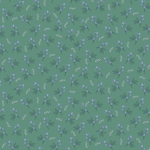 Cottage Core Green and Blue  Floral and Botanical - Hand Drawn Vintage Inspired Scatter Design  // Green, White and Blue