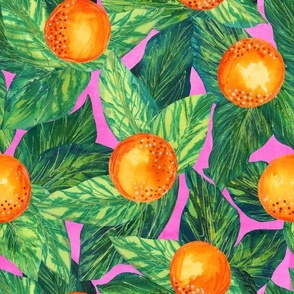 Orange You Glad You Came to my Party - Medium Scale - Citrus Bold Maximalist Leaves Pink Background