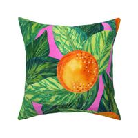 Orange You Glad You Came to my Party - Large Scale - Citrus Bold Maximalist Leaves Pink Background