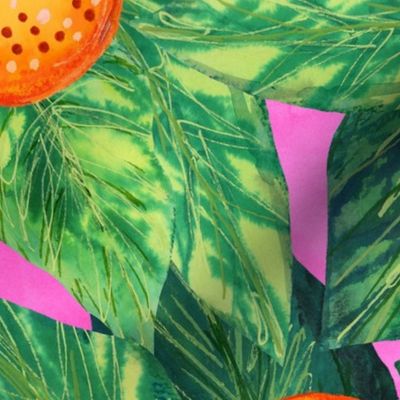 Orange You Glad You Came to my Party - Large Scale - Citrus Bold Maximalist Leaves Pink Background