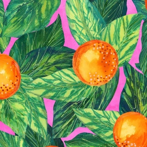 Orange You Glad You Came to my Party - Large Scale - Citrus Bold Maximalist Leaves Pink Background