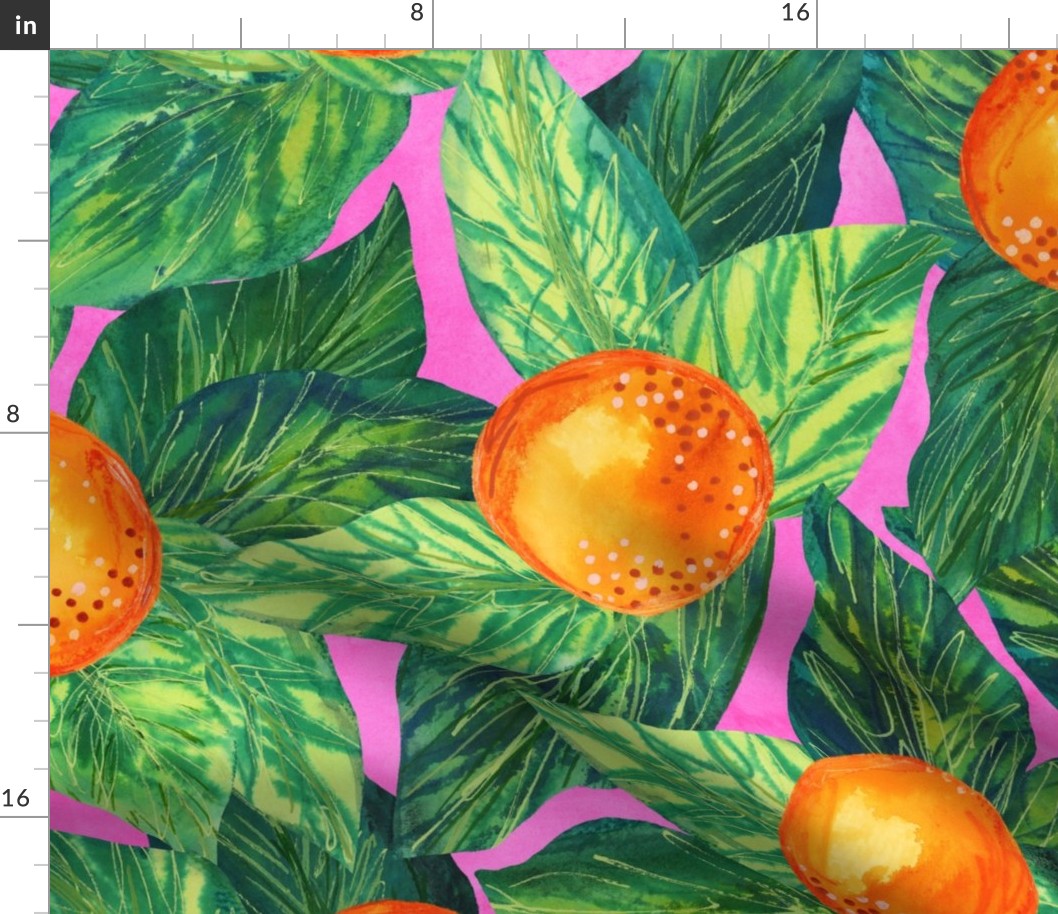 Orange You Glad You Came to my Party - Large Scale - Citrus Bold Maximalist Leaves Pink Background