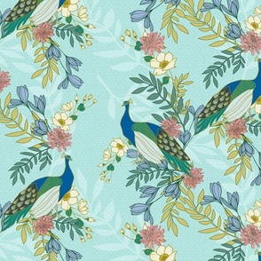 Peacock Floral Chinoiserie - Vintage Inspired Hand Drawn in Teal, Green, Gold, Blue, Pink // Large Scale