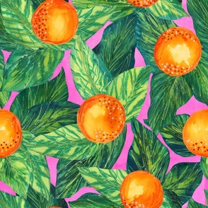 Orange You Glad You Came to my Party - Medium  Large Scale - Citrus Bold Maximalist Leaves Pink Background