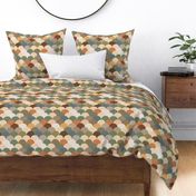 312 - medium small Scale Maximalist patterned clamshells create a faux quilt, in navy blue, blush, mustard and green - for table linen, fresh duvet and bed linen.