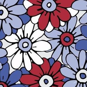 467 - Classic red, white and blue hand drawn daisy floral for USA independence day celebrations and crafts, girly dresses, baby apparel, home decor, picnic blankets, table linen and napkins