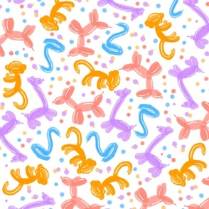 Colorful kids Party Fiesta Balloon Animals monkey snake dog giraffe confetti in lilac orange pink blue