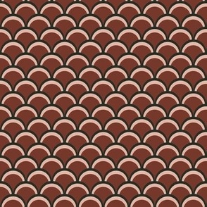 313 - Medium small scale classic scallop clamshell  pattern in  cool brown, taupe and dark brick red palette - minimalist design for  table linen, napkins, runners, wallpaper and bed linen - as well as cute children decor and apparel.