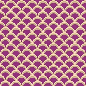 313 - Medium small scale classic scallop clamshell  pattern in violet magenta purple golden yellow palette - minimalist design for  table linen, napkins, runners, wallpaper and bed linen - as well as cute children decor and apparel.