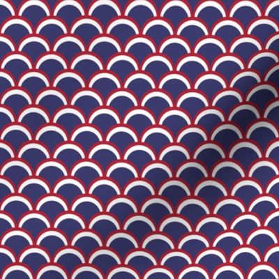 313 - small scale red, white and blue America USA Independence Day,  scallops in clamshell pattern, swag, tricolor.  For table linen and napkins, children  patriotic party tops and dresses, celebration wallpaper and bed linen,