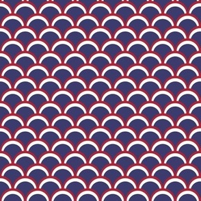 313 - small scale red, white and blue America USA Independence Day,  scallops in clamshell pattern, swag, tricolor.  For table linen and napkins, children  patriotic party tops and dresses, celebration wallpaper and bed linen,