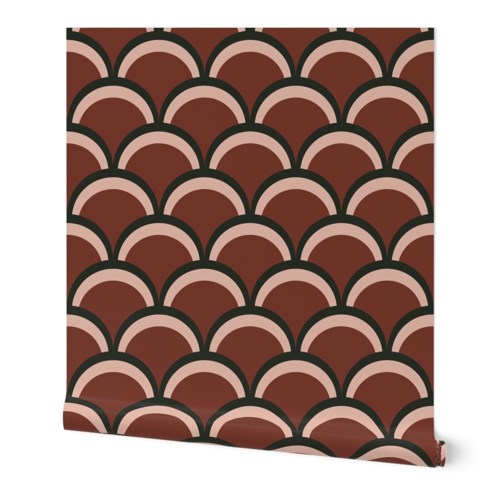 313 - Jumbo large scale classic scallop clamshell  pattern in  cool brown, taupe and dark brick red palette - minimalist design for  table linen, napkins, runners, wallpaper and bed linen - as well as cute children decor and apparel.