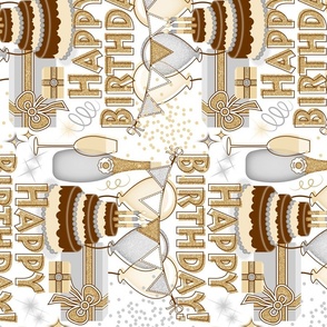 Elegant Glitter Happy Birthday Celebration // Birthday Cake, Flickering Candles, Bunting, Balloons, Gifts, Sparkling Wine, Confetti and Streamers // Gold, Gray, Chocolate Brown, White // 395 DPI