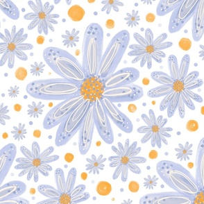 Blue daisies on white with yellow - large